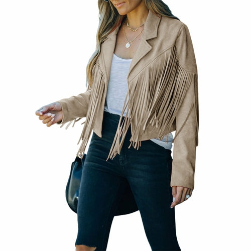 Fringed Hem Tassel Cardigan Crop Tops Motor Biker Jacket Suede Leather - Horizon Bliss