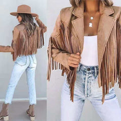 Fringed Hem Tassel Cardigan Crop Tops Motor Biker Jacket Suede Leather - Horizon Bliss