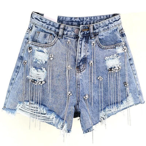 Women luxurious Tassel Rhinestone Fringed Hole Jeans Shorts Female - Horizon Bliss