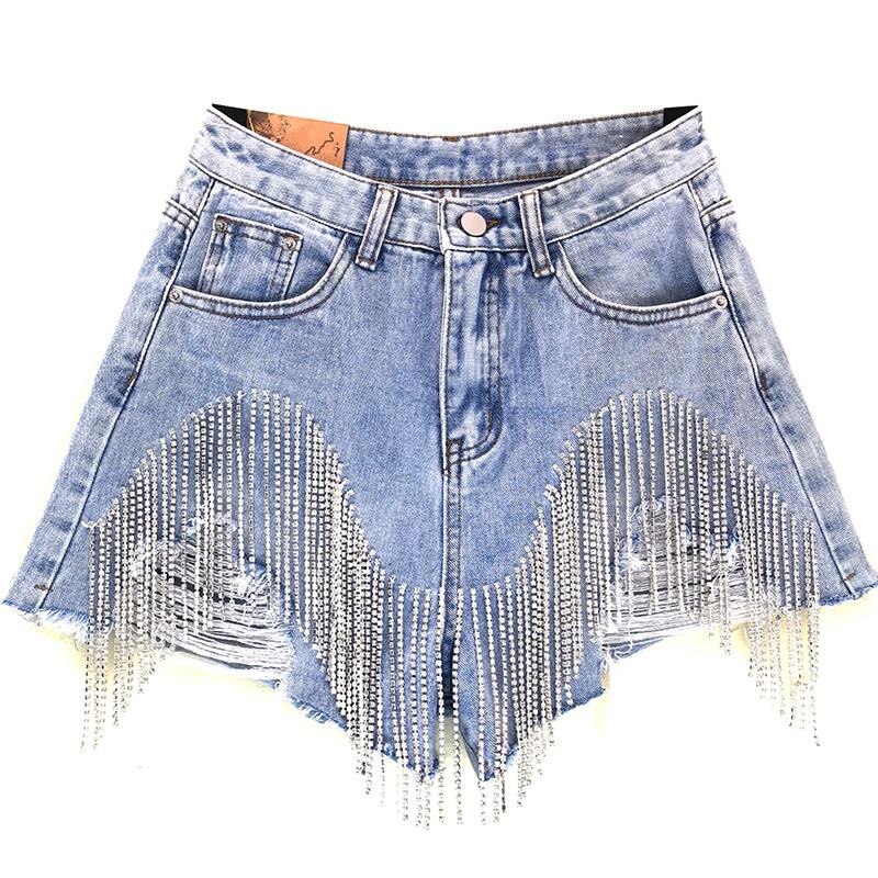 Women luxurious Tassel Rhinestone Fringed Hole Jeans Shorts Female - Horizon Bliss