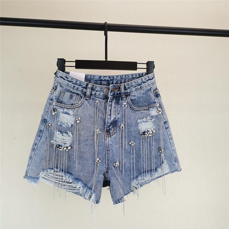 Women luxurious Tassel Rhinestone Fringed Hole Jeans Shorts Female - Horizon Bliss