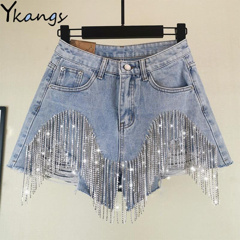 Women luxurious Tassel Rhinestone Fringed Hole Jeans Shorts Female - Horizon Bliss