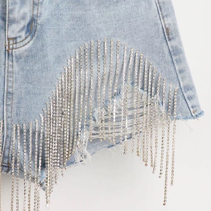 Women luxurious Tassel Rhinestone Fringed Hole Jeans Shorts Female - Horizon Bliss