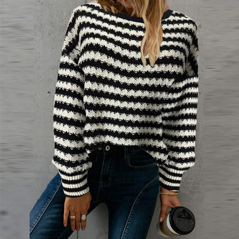 Casual Striped Knitted Sweater Loose Pullover Tops - Horizon Bliss