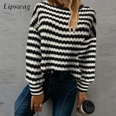 Casual Striped Knitted Sweater Loose Pullover Tops - Horizon Bliss