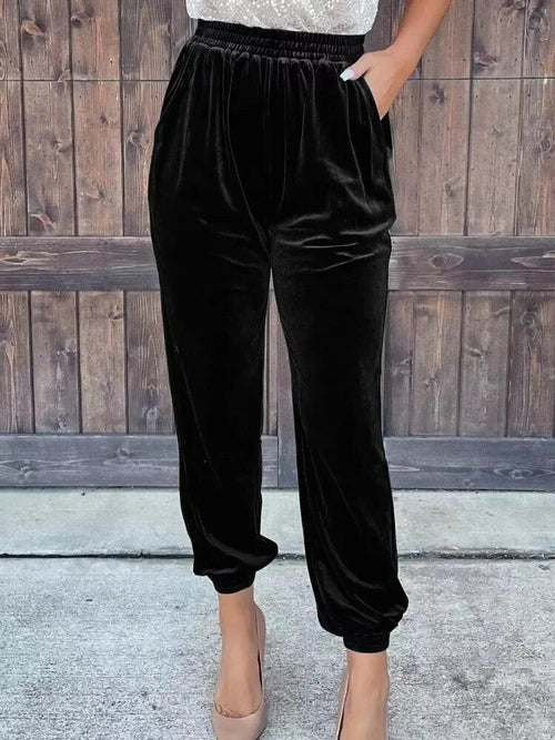 Elastic Waist Solid Color Trousers Female Pocket Leggings Staright - Horizon Bliss