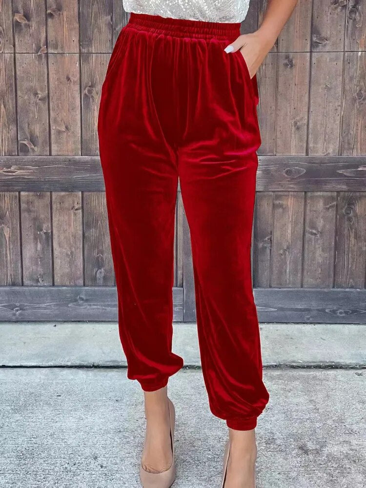 Elastic Waist Solid Color Trousers Female Pocket Leggings Staright - Horizon Bliss