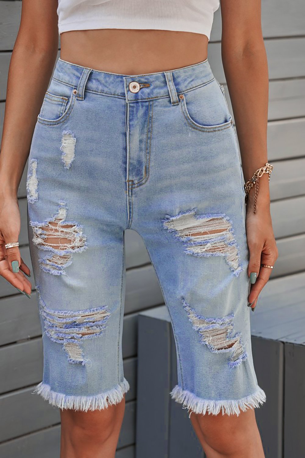 Women's Fashion Light Blue Distressed Jeans Bermuda Shorts - Horizon Bliss