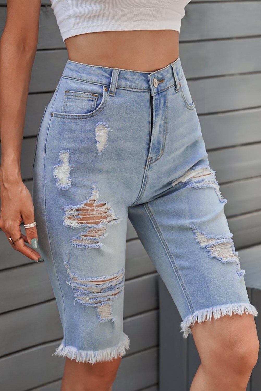 Women's Fashion Light Blue Distressed Jeans Bermuda Shorts - Horizon Bliss