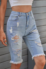 Women's Fashion Light Blue Distressed Jeans Bermuda Shorts - Horizon Bliss