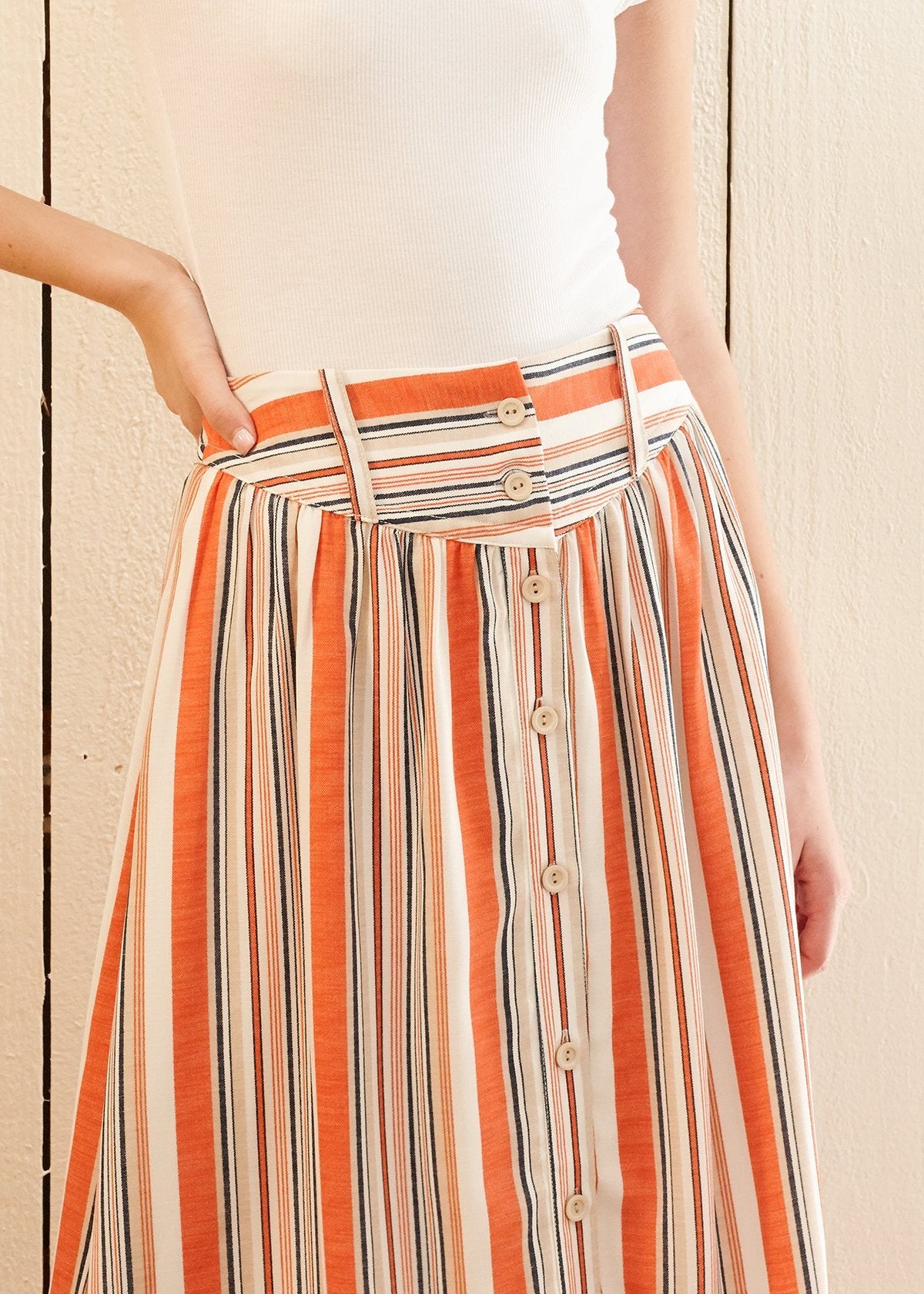 Women's Multi Stripe Button Front Midi Skirt in Rust Multi - Horizon Bliss