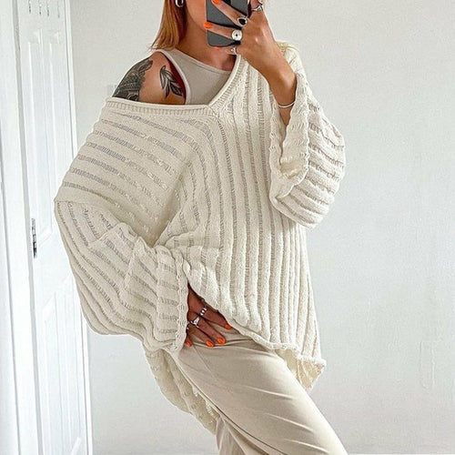 Cotton Loose Top Solid Color Hollow Out Sweater - Horizon Bliss