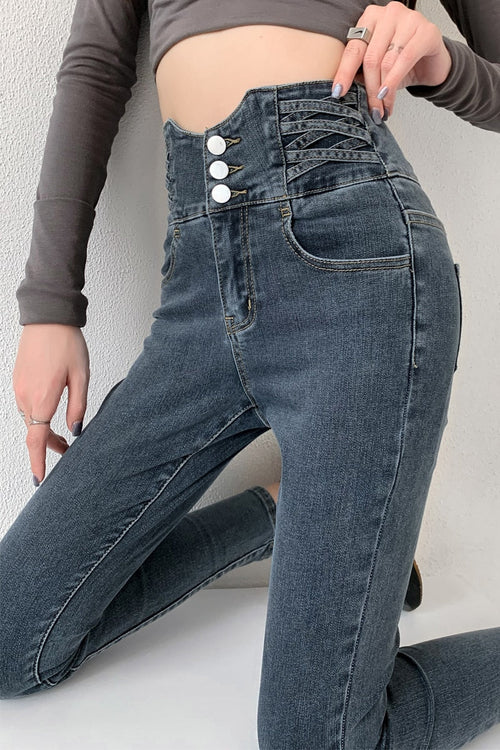 Skinny Pencil Jeans Four Buttons Vintage High Waist Women Slim Stretch - Horizon Bliss