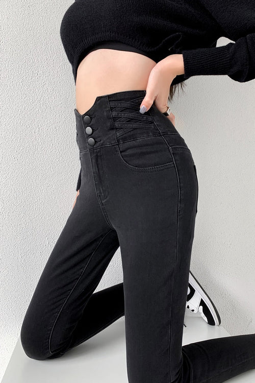 Skinny Pencil Jeans Four Buttons Vintage High Waist Women Slim Stretch - Horizon Bliss