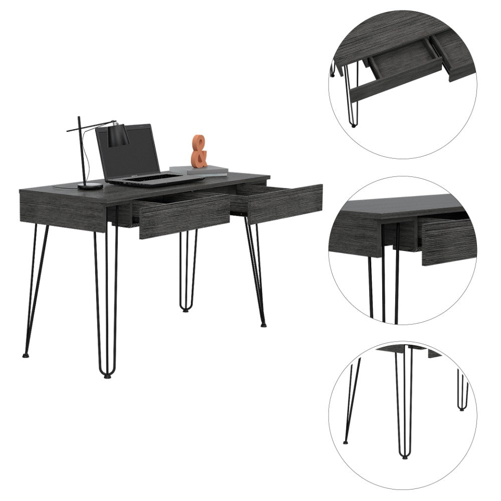 Desk Hinsdale with Hairpin Legs and Two Drawers, Black Wengue Finish - Horizon Bliss