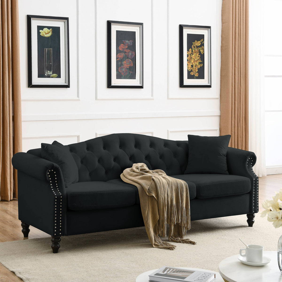 79" Chesterfield Sofa Black Velvet for Living Room, 3 Seater Sofa - Horizon Bliss