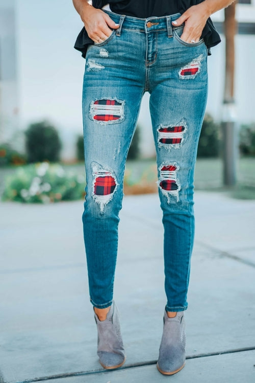 Women's Fashion Red Plaid Patch Destroyed Skinny Jeans - Horizon Bliss