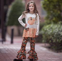 Big Girls Orange Pumpkin Autumn Floral Thanksgiving Tunic & Ruffle Pan - Horizon Bliss