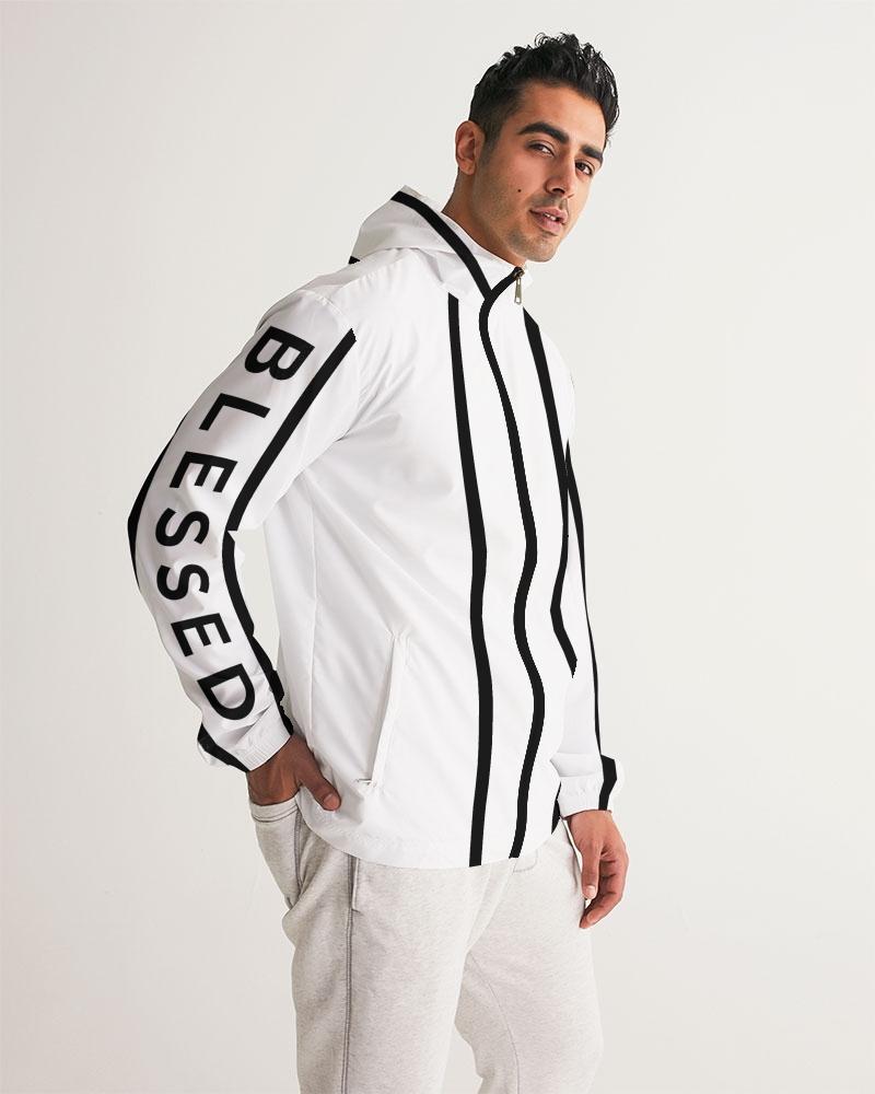 Mens Hooded Windbreaker - Blessed Sleeve Stripe White Water Resistant - Horizon Bliss