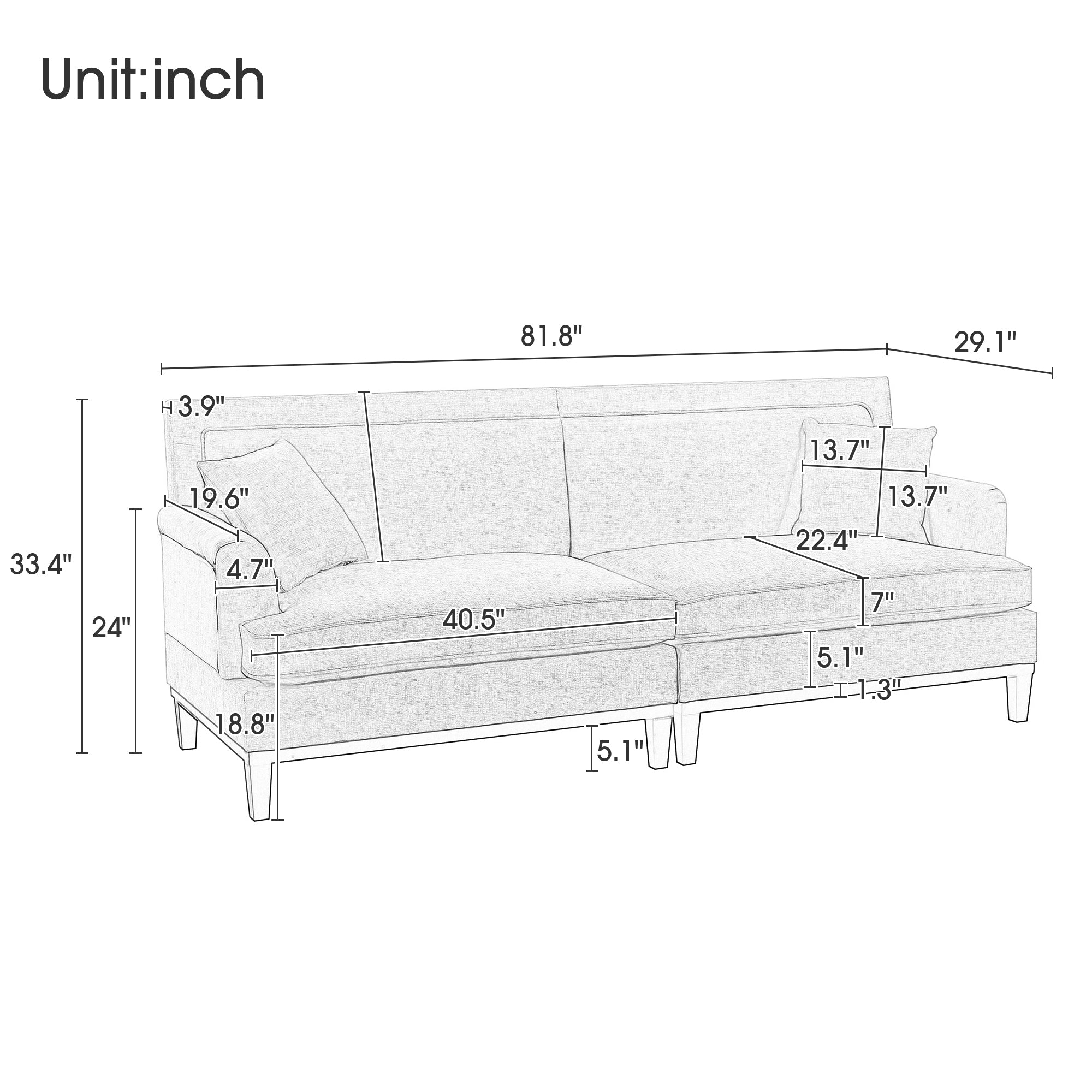 Upholstered Country Style Sofa with Wooden Legs and Two Throw Pillows - Horizon Bliss