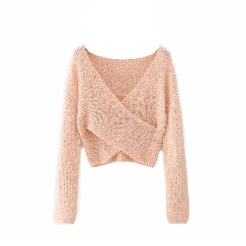 Pink Fluffy Knitted Sweater V-neck Wrap Front Cropped Pullovers - Horizon Bliss