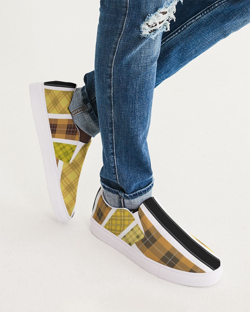 Mens Sneakers Slip On Canvas Yellow and Black Tartan Pattern - Horizon Bliss