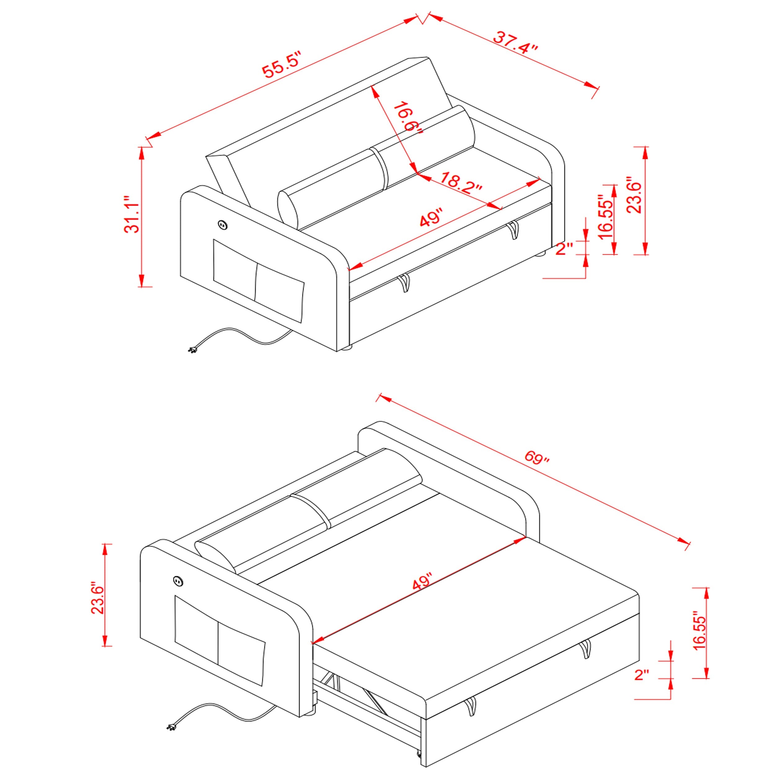 Twins Sofa Bed Black Fabric - Horizon Bliss