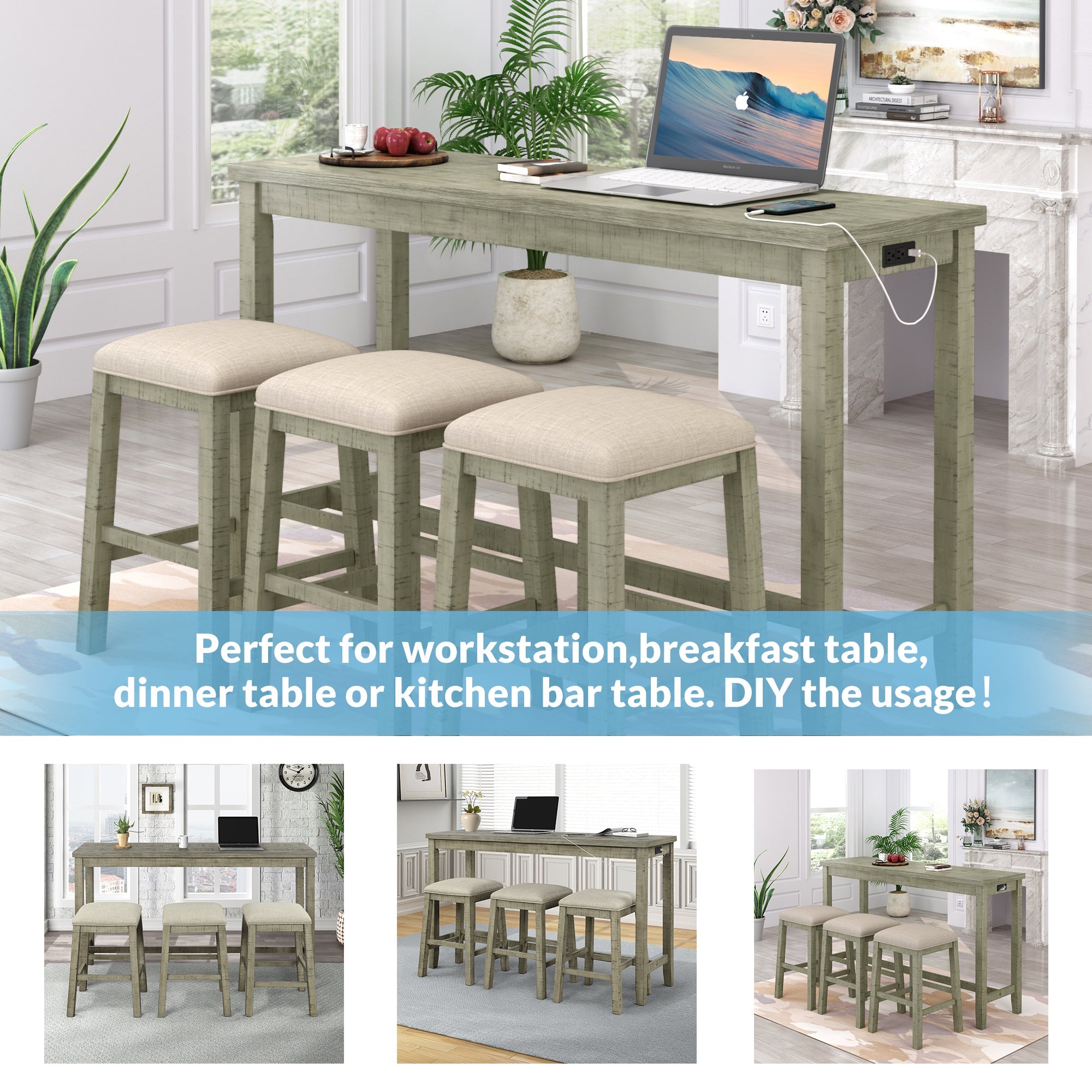 4 Pieces Counter Height Table with Fabric Padded Stools,Rustic Bar