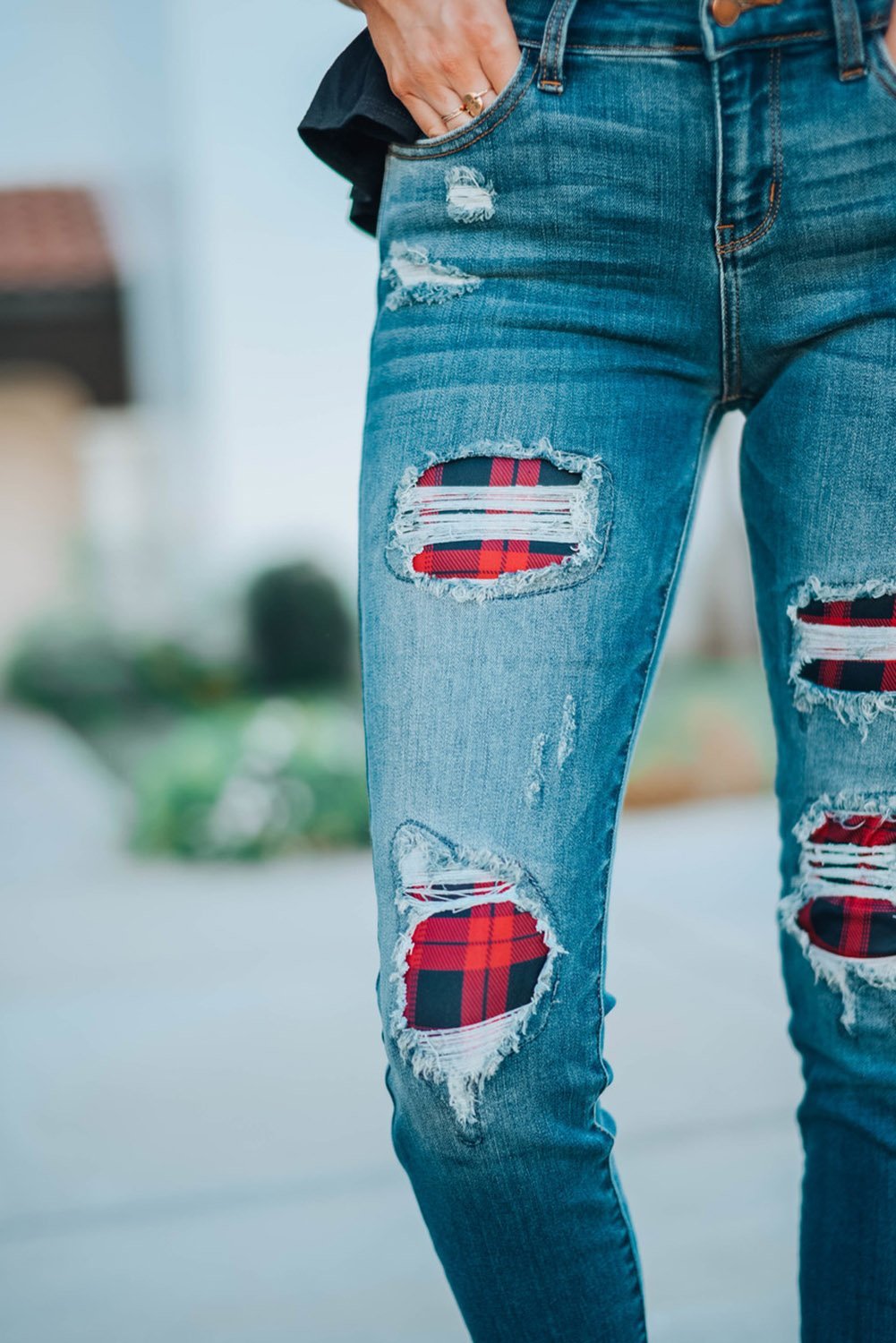 Women's Fashion Red Plaid Patch Destroyed Skinny Jeans - Horizon Bliss