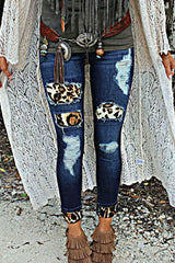 Fashion Women's Blue Hollow Out Leopard Splice Ripped Jeans - Horizon Bliss