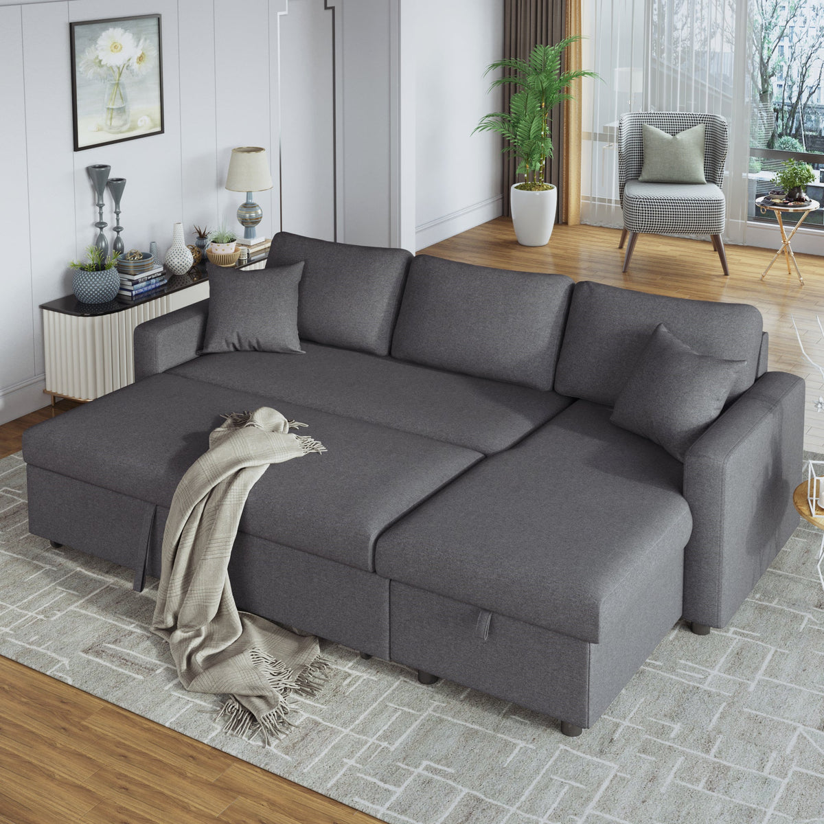 Upholstery  Sleeper Sectional Sofa Grey with Storage Space, 2 Tossing - Horizon Bliss