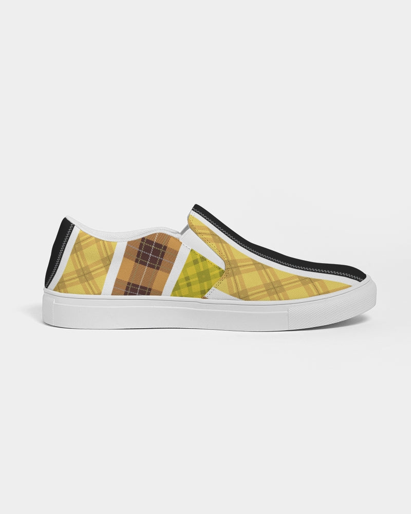 Mens Sneakers Slip On Canvas Yellow and Black Tartan Pattern - Horizon Bliss