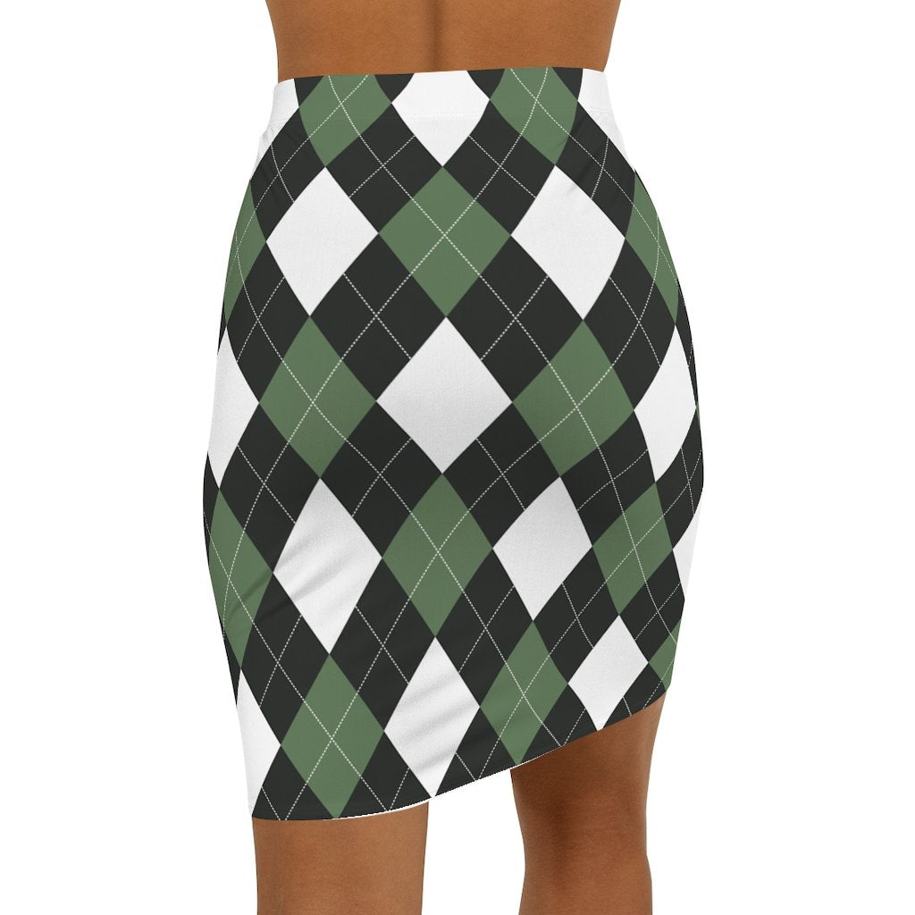 Womens Pencil Skirt, Green And White Argyle Stretch Mini - Horizon Bliss