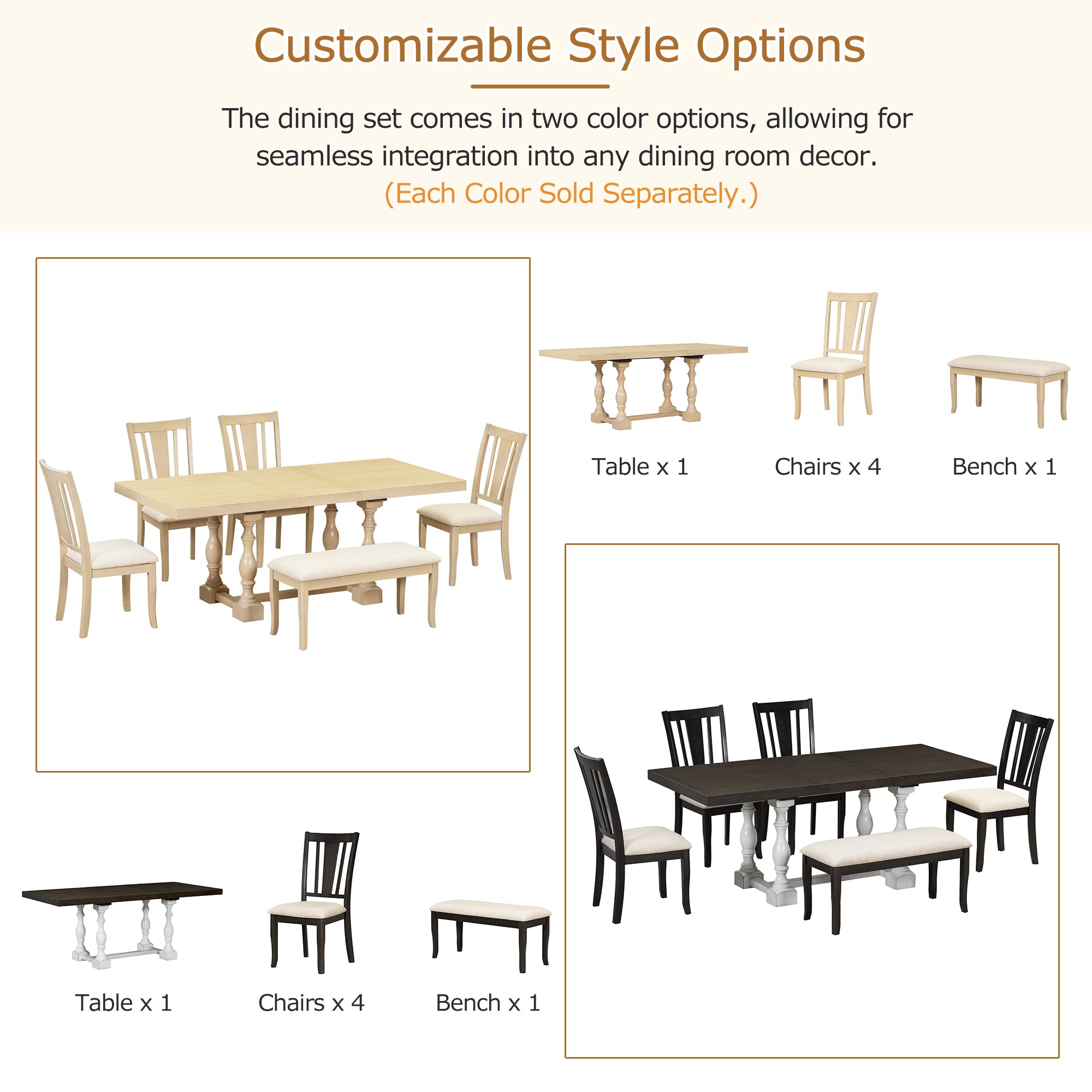 Traditional 6-Piece 78inch Trestle Extendable Dining Table Set with