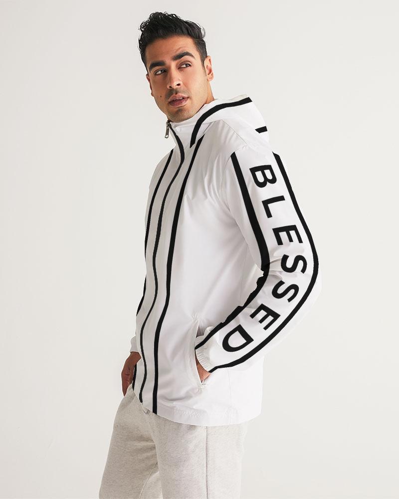 Mens Hooded Windbreaker - Blessed Sleeve Stripe White Water Resistant - Horizon Bliss