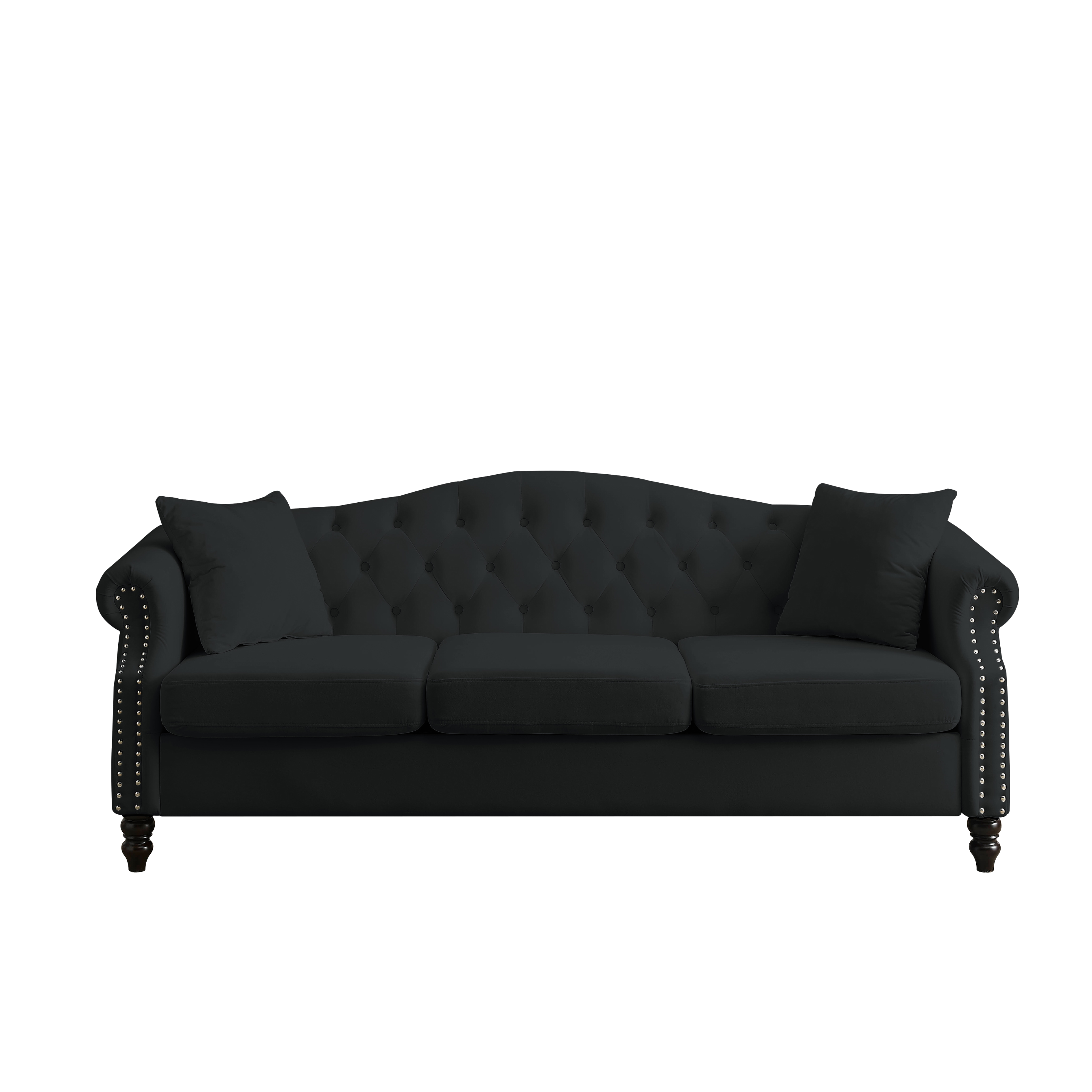 79" Chesterfield Sofa Black Velvet for Living Room, 3 Seater Sofa - Horizon Bliss