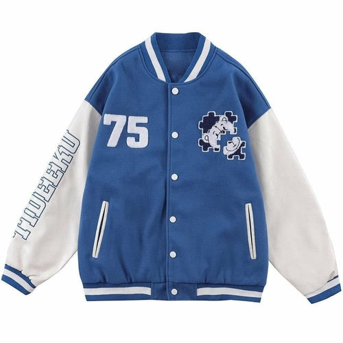 Baseball Jacket Men Furry Bear Patchwork Embroidery Letter Track Coats - Horizon Bliss