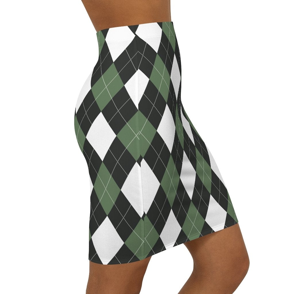 Womens Pencil Skirt, Green And White Argyle Stretch Mini - Horizon Bliss