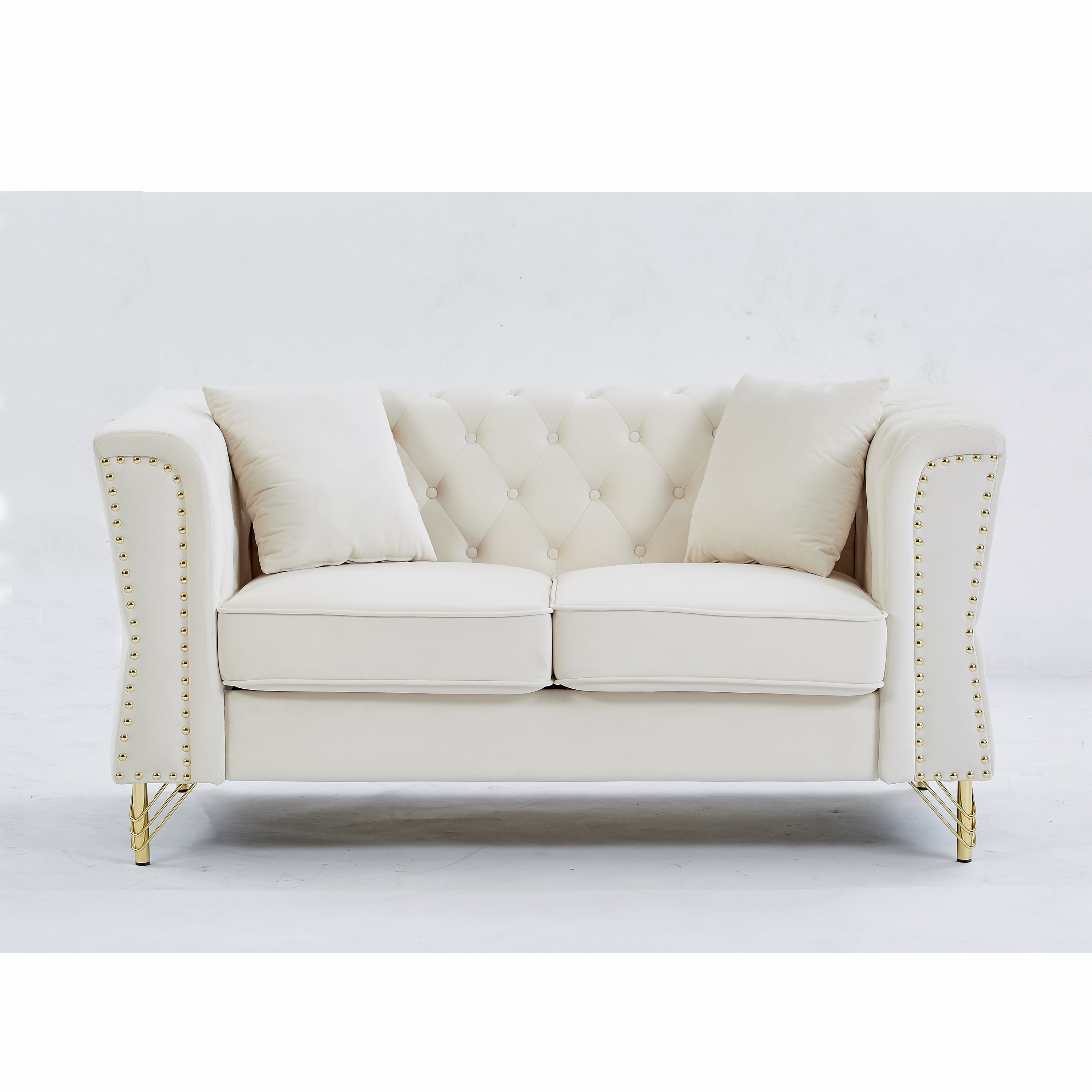 60.2" Chesterfield Sofa Beige Velvet for Living Room, 2 Seater Sofa - Horizon Bliss