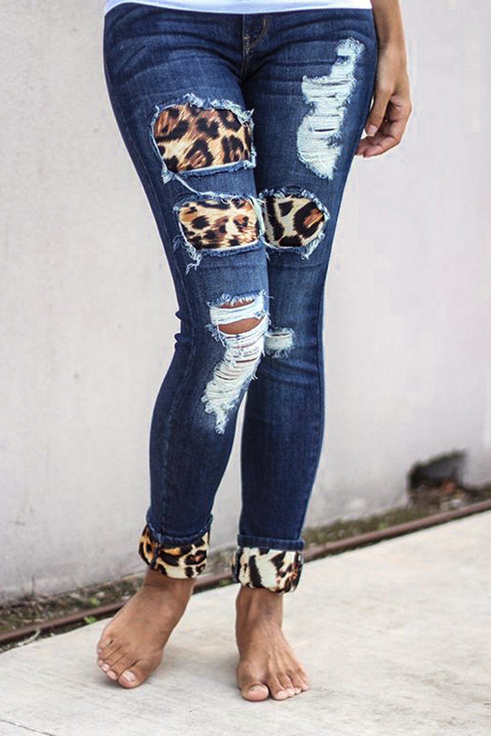 Fashion Women's Blue Hollow Out Leopard Splice Ripped Jeans - Horizon Bliss