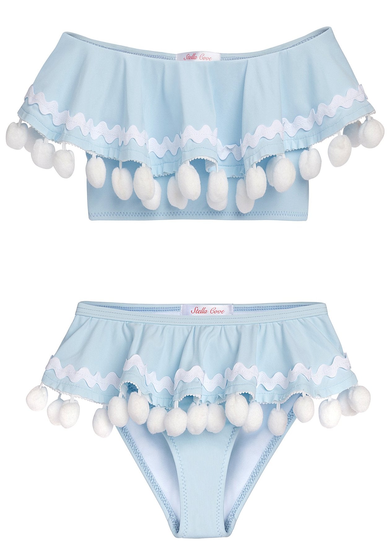 Blue Draped Bikini With White Pom Poms - Horizon Bliss