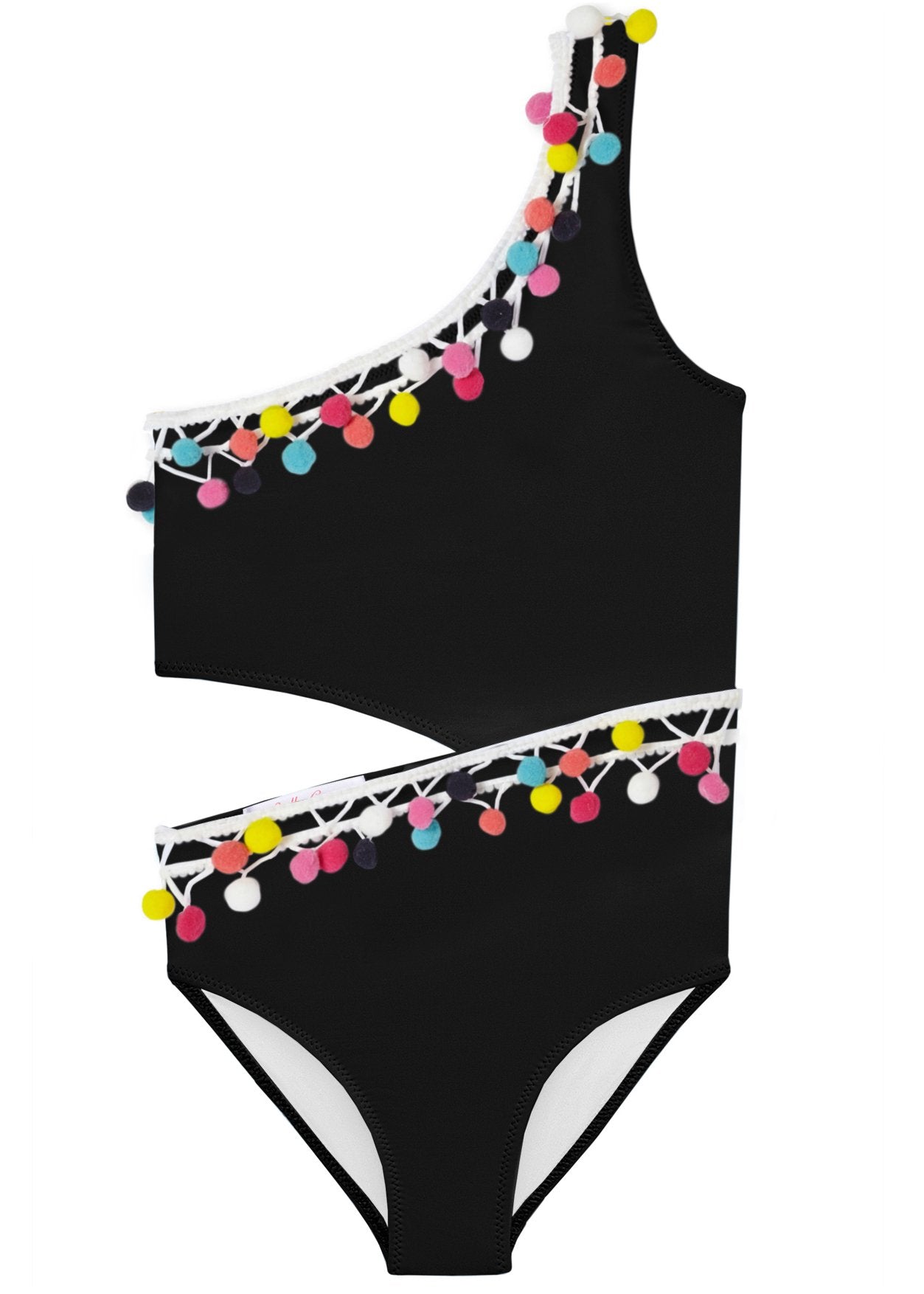 Black Side Cut Swimsuit with Multicolor Pom Poms - Horizon Bliss