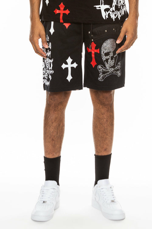 Bejewelled Chrome Skull Shorts - Horizon Bliss