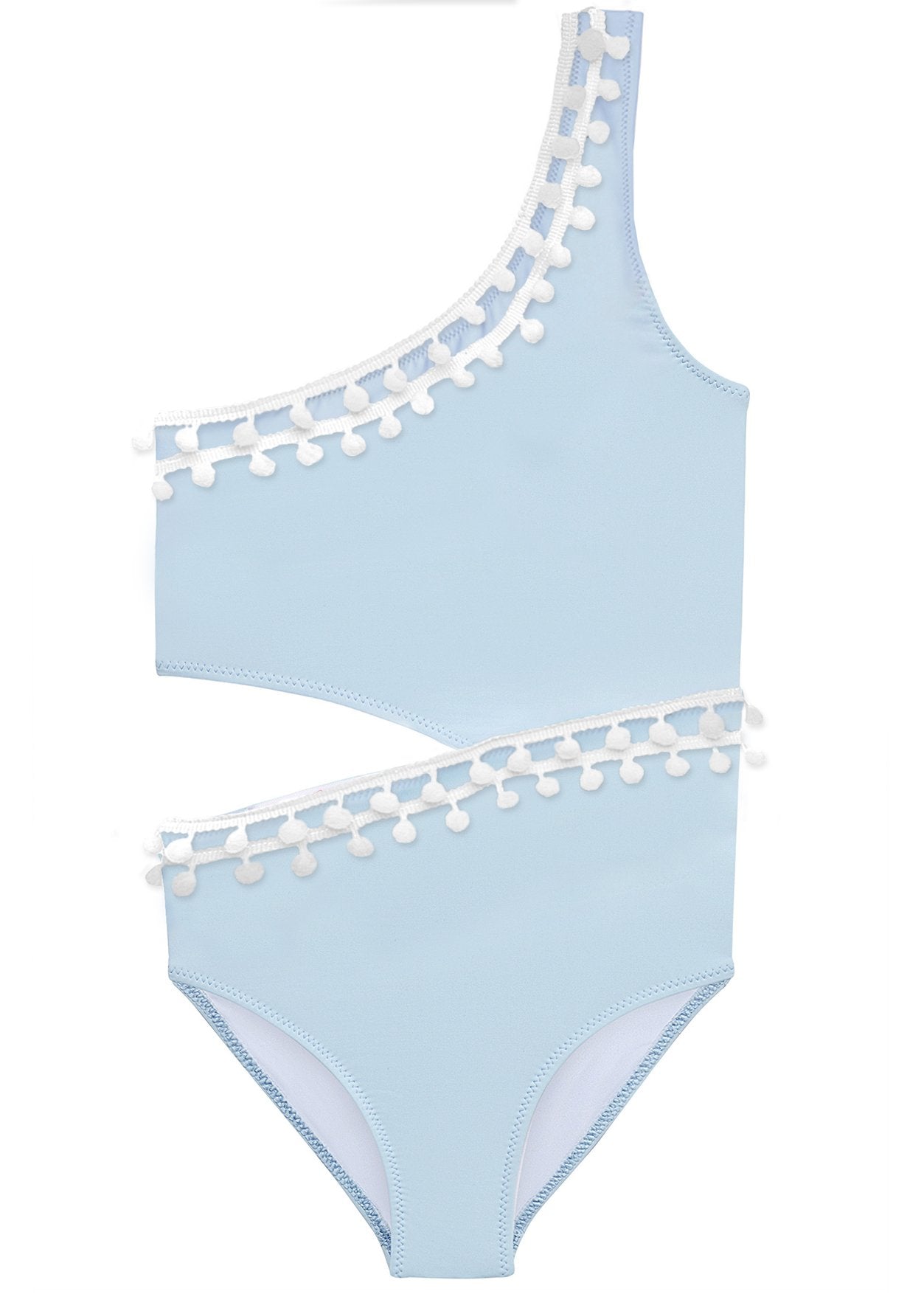 Blue Side Cut Swimsuit with White Pom Poms - Horizon Bliss