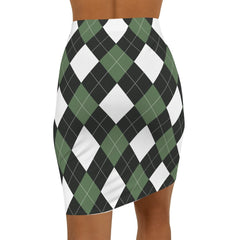 Womens Pencil Skirt, Green And White Argyle Stretch Mini - Horizon Bliss