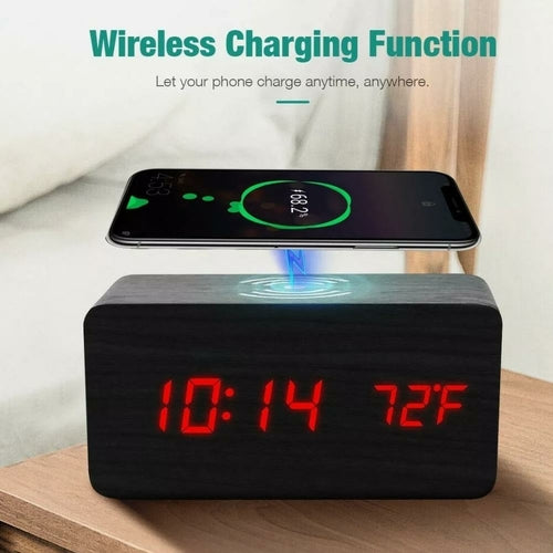 Wooden Digital Alarm Clock with Wireless Phone Charging Pad - Horizon Bliss