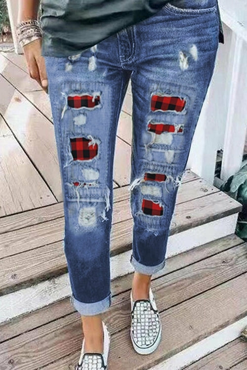 Fashion Blue Ripped Plaid Straight Legs Boyfriend Jeans - Horizon Bliss