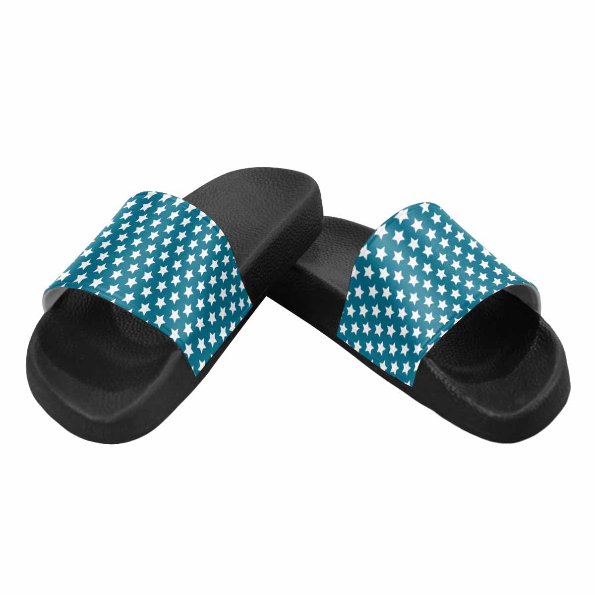 Mens Slide Sandals, Aqua Blue And White Stars - Horizon Bliss