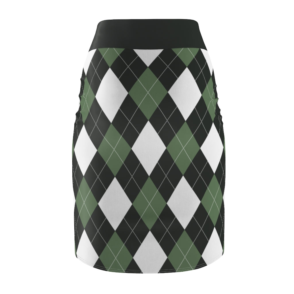 Womens Pencil Skirt, Green And White Argyle Stretch Mini, S510537 - Horizon Bliss