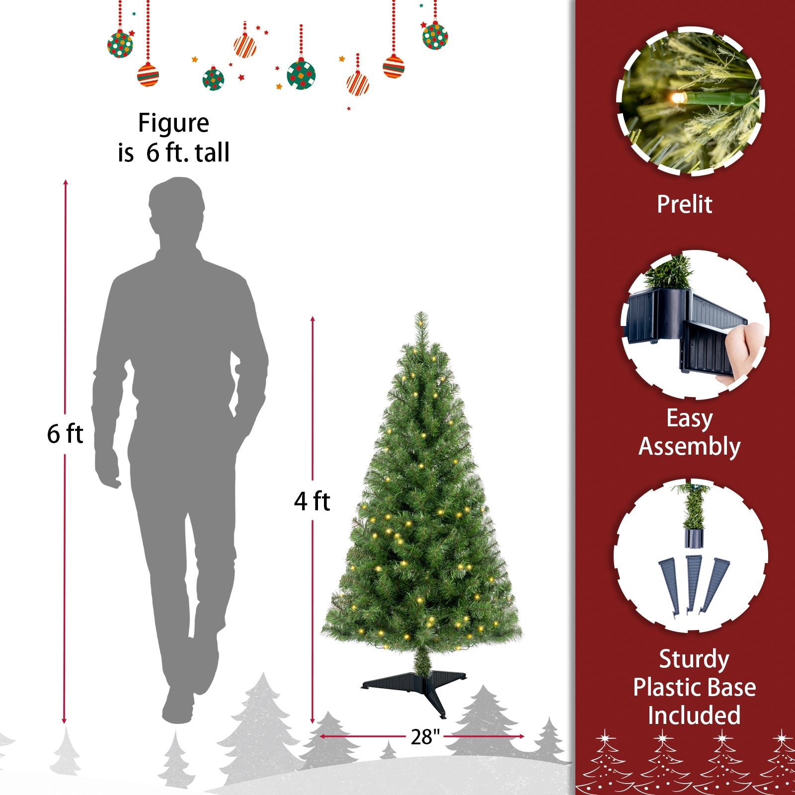 4ft Artificial Christmas Tree Prelit with Stand,100 Warm White LED